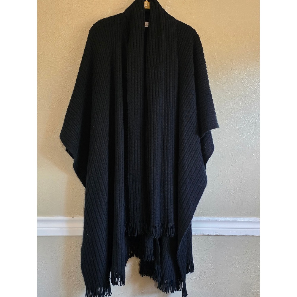 TJW by Mervyns Black Ribbed Knit Poncho Wrap with Fringe Trim and Scarf Collar